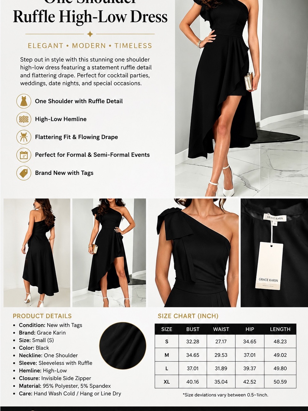 Grace Karin Black One-Shoulder Ruffle High-Low Cocktail Dress